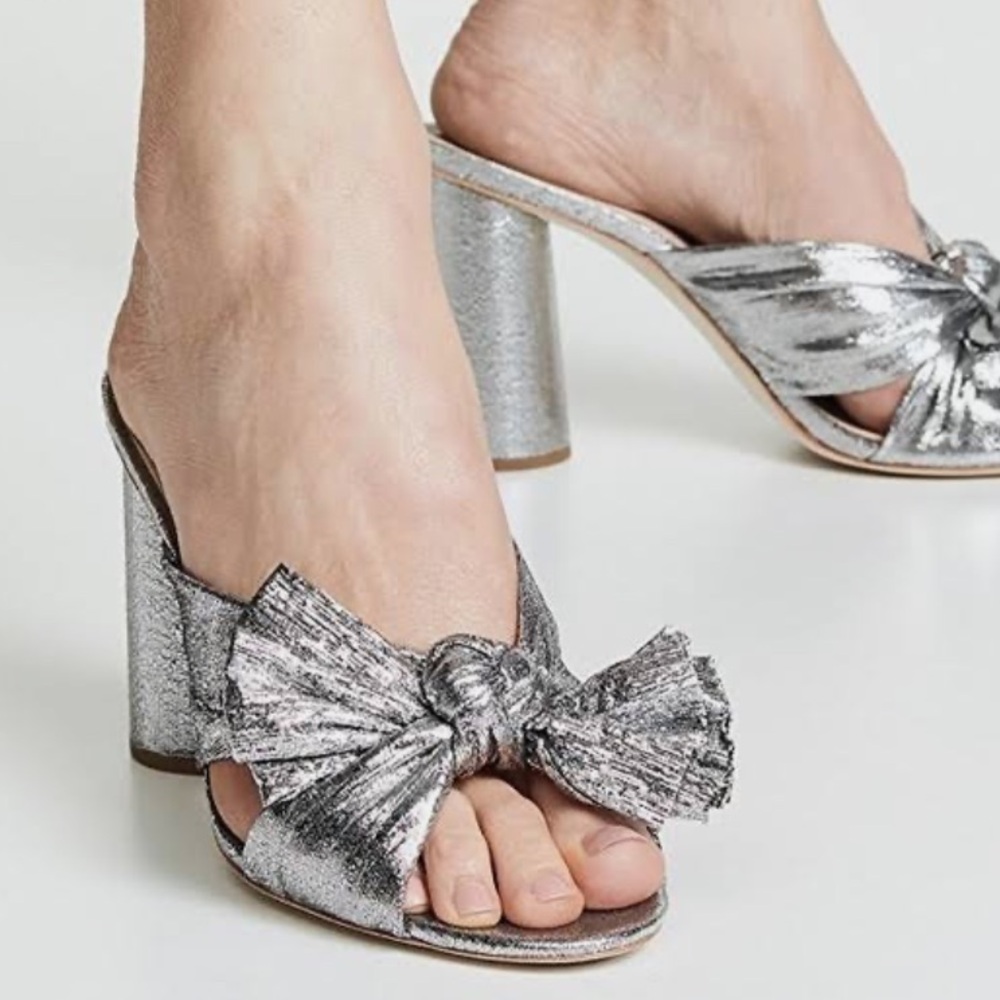 Loeffler Randall Silver Metallic Penny Bow Heeled Mules Size 6